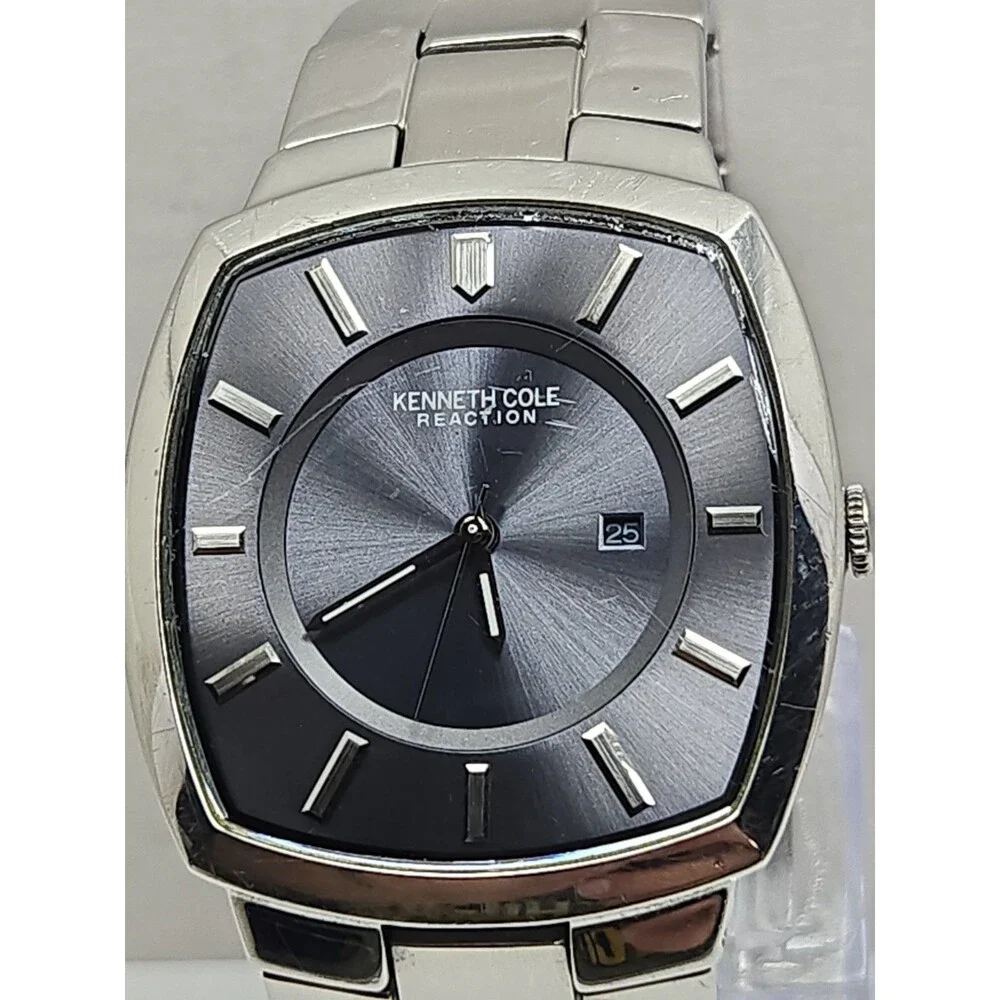 Kenneth Cole Reaction Mens Stainless Steel Blue Dial Date 35mm Watch New Battery